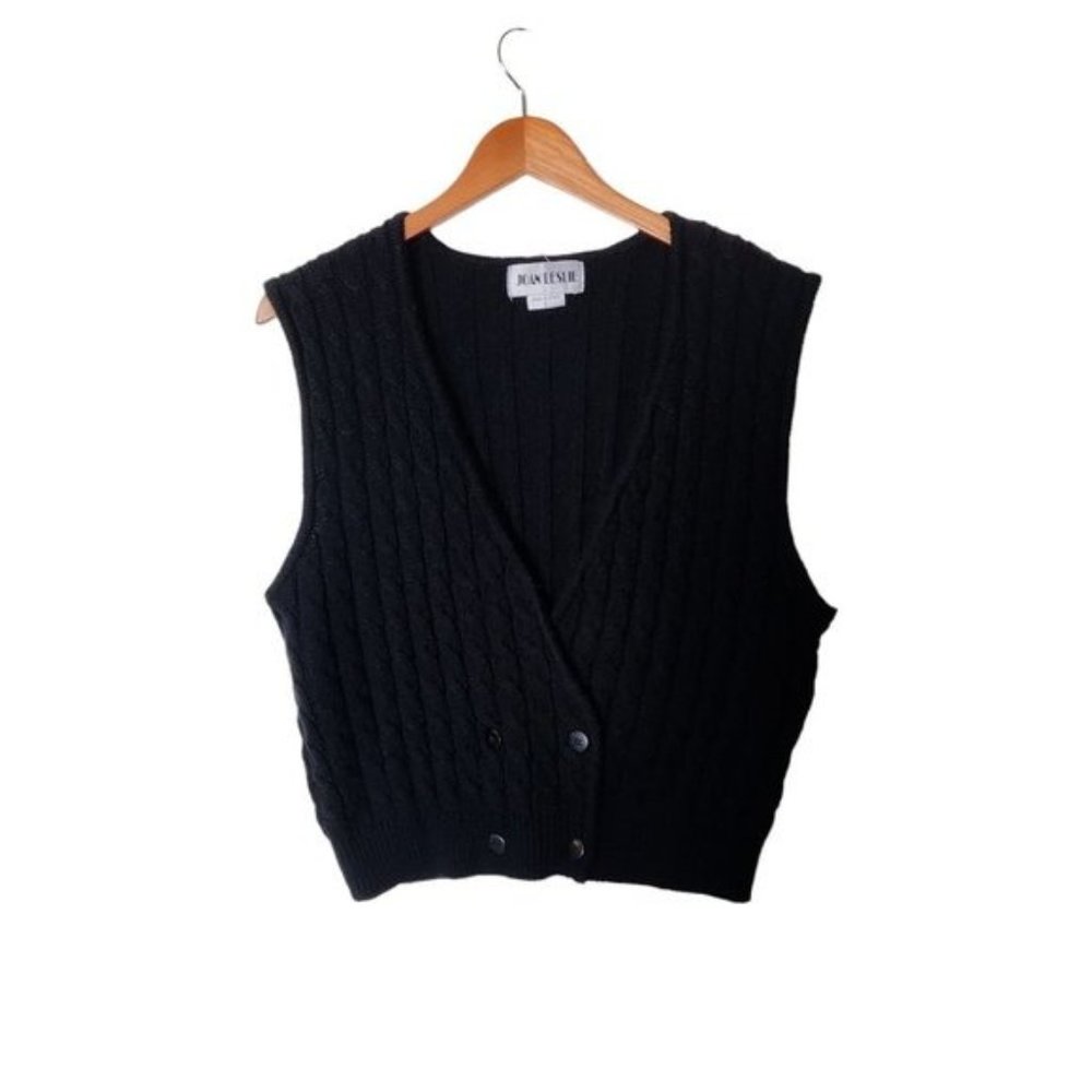 Vintage Joan‎ Leslie Cable Knit Vest L Large Black